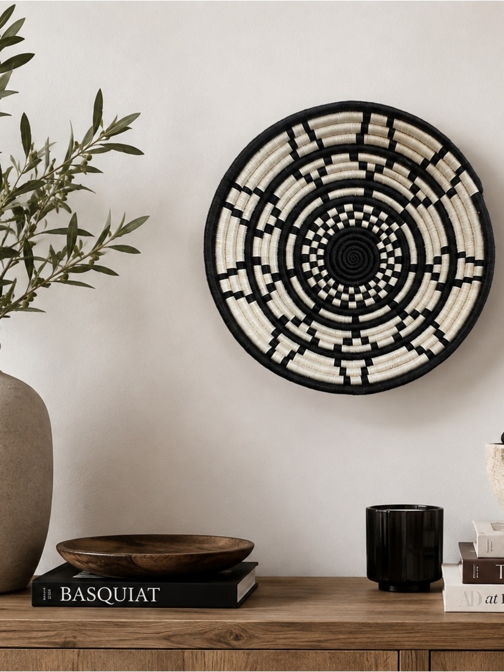 Handwoven Rwandan Black & Ivory Wall Basket 12” African Woven Decor